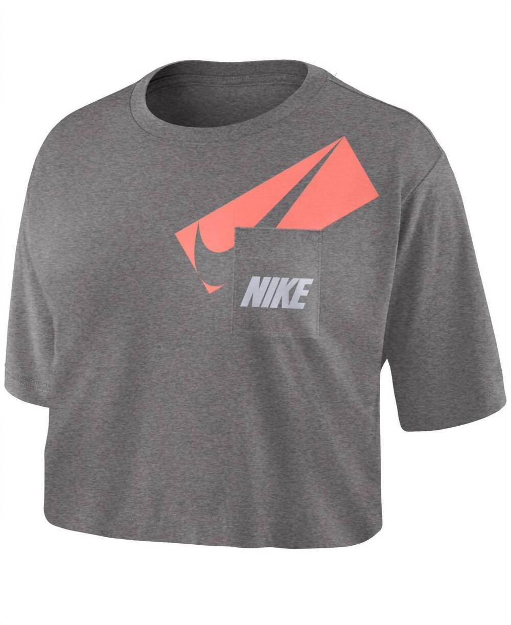 NEW NIKE women's logo pocket crop top in carbon heather/white